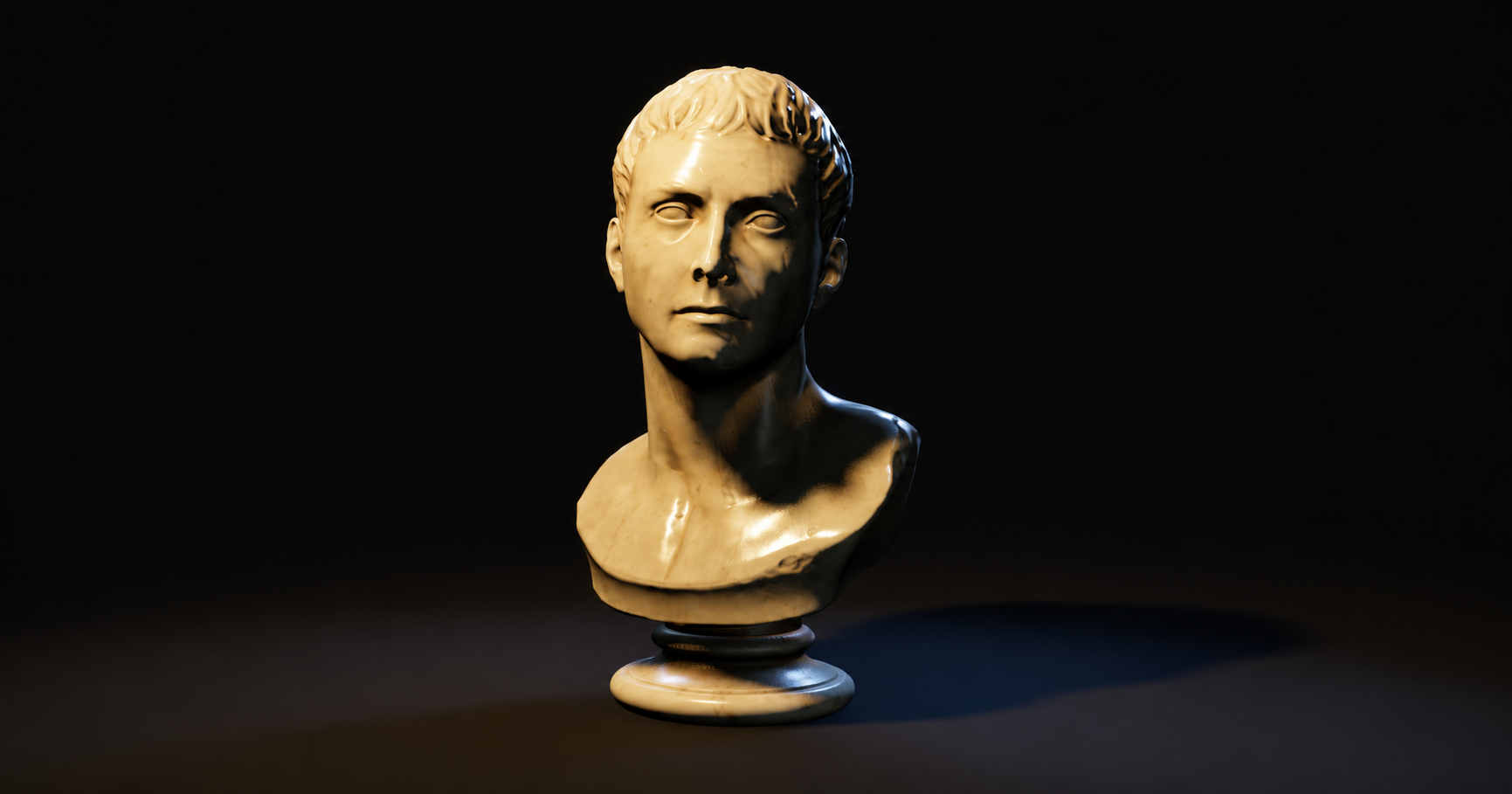 A marble portrait bust shaped by warm key light and a cool rim against a dark studio background