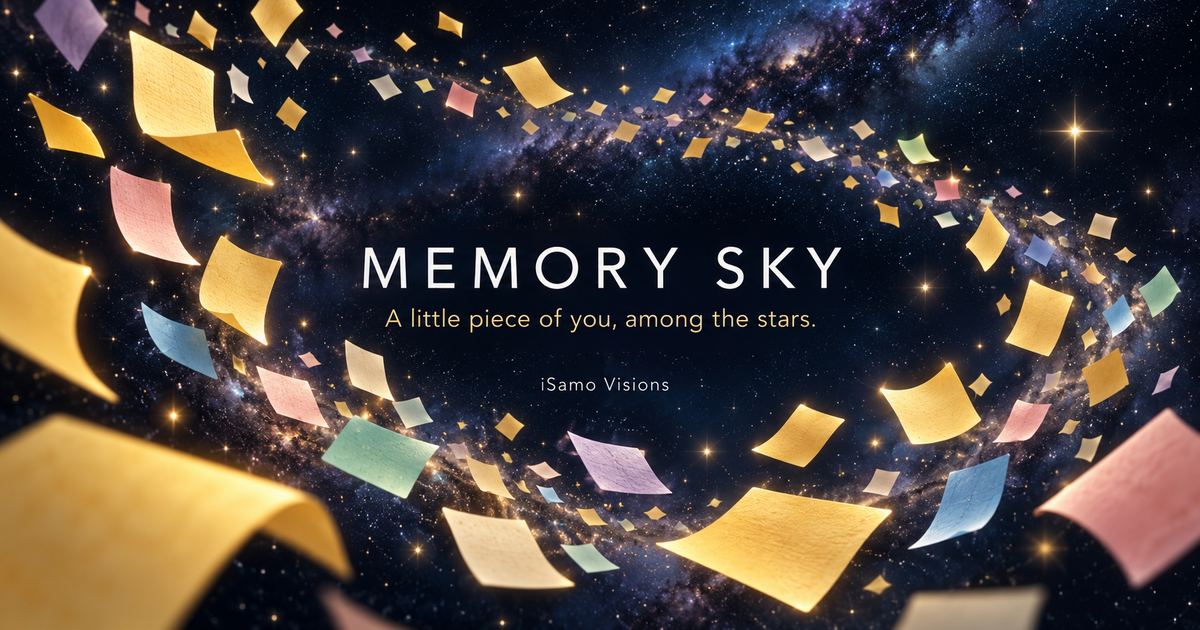 Memory Sky project artwork: coloured paper notes drifting through a star-filled sky